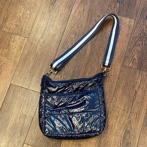 Shiny Blue Crossbody Bag with Striped Strap